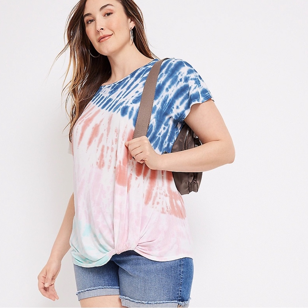 Tie-Dye Short Sleeve Twist-Hem Top - Blue, Pink & Coral